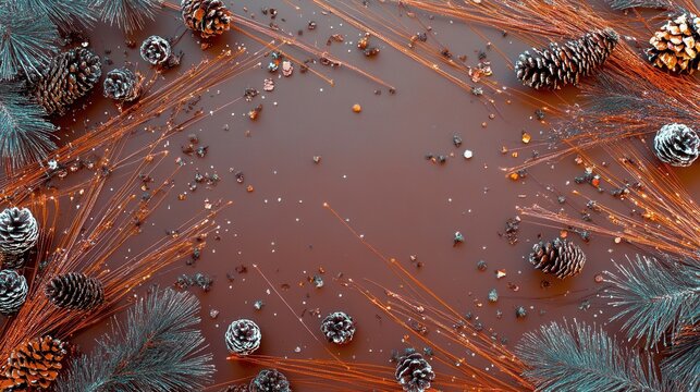 New Year celebration with sparkling light trails and winter decorations featuring pine cones and festive foliage