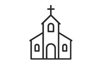 Simple line drawing of a traditional church building with a cross on the steeple