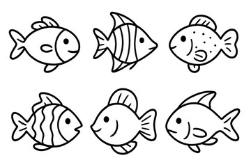 Simple black and white line art pattern featuring six different cute cartoon fish