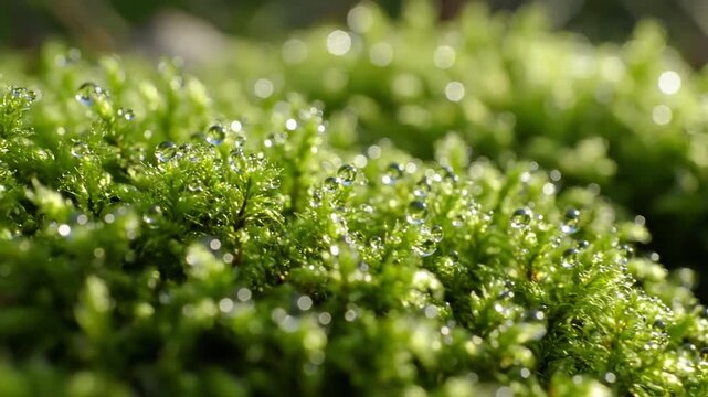 Lush, emerald green moss covering weathered stones in a tranquil, damp forest environment, emphasizing natural beauty. Wide shot or medium shot, establishing the moss as an integral part of a?