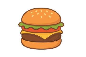 Delicious cartoon hamburger with cheese lettuce and tomato on a sesame seed bun isolated on white