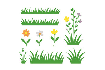 Vibrant decorative green grass patches and colorful spring floral elements