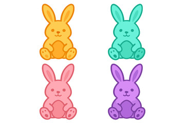 Four brightly colored cartoon rabbits sitting and holding an egg shape