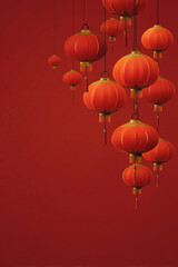 Obraz premium Chinese Lanterns hanging in elegant minimalist red space for Fire Horse Chinese New Year 2026 celebration and copy space