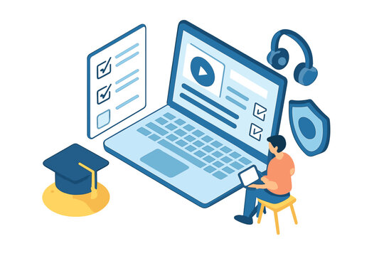 Student accessing digital courses via laptop for online education with academic and security symbols