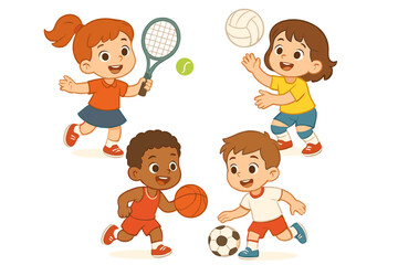 Multicultural group of young children playing tennis volleyball basketball and soccer