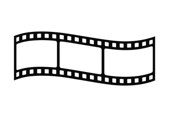 Wavy black and white film strip segment with three empty frames and sprocket holes
