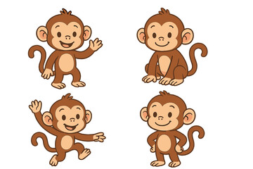 Set of four cute cartoon baby monkeys posing in different playful actions on white