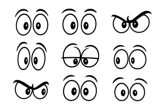 Cartoon eyes with various emotions and expressions in black and white line art