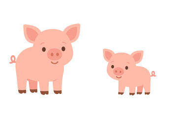 Happy cartoon mother pig and cute little piglet standing side by side