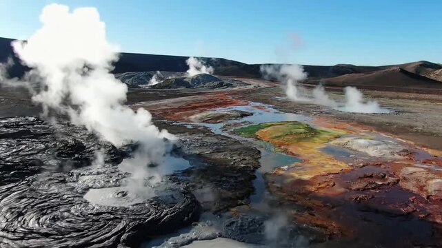Smooth cinematic ascent over steaming fumeroles and bubbling mud pots, emphasizing the raw, powerful forces of nature shaping the Earth's surface from above.