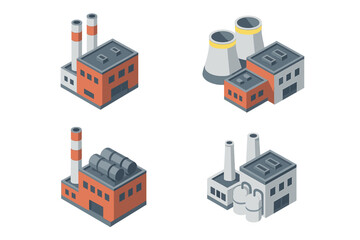 Isometric industrial buildings, factory, and power plant infrastructure elements for urban planning