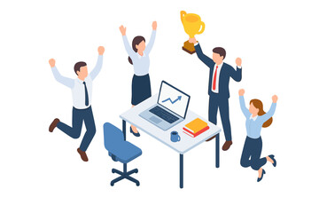 Corporate team celebrating business success and victory, jumping with joy and holding a golden trophy
