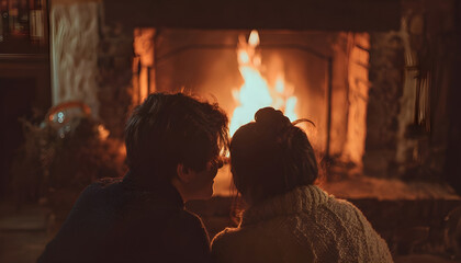Fototapeta premium A romantic moment between two people in front of a warm fire, suitable for love story or cozy atmosphere images