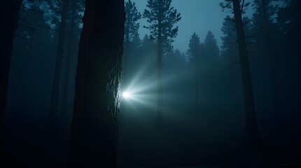 Naklejka premium Eerie light piercing through misty forest trees, creating a mysterious and captivating atmosphere perfect for fantasy book covers or spooky Halloween designs. Moody, atmospheric nature scene
