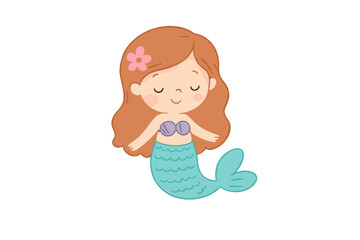 Adorable cartoon mermaid character with long wavy hair and a turquoise tail swimming