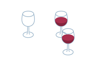 Minimalist isometric representation of wine glasses, two full of red wine and one empty