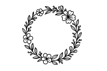 Elegant hand drawn floral wreath border frame with stylized flowers and leaves
