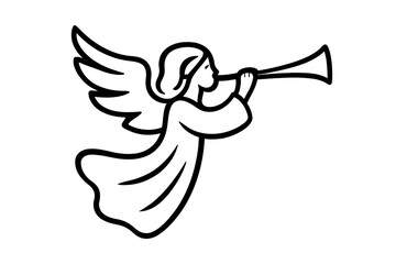 Black outline of an angel with wings blowing a long musical trumpet horn