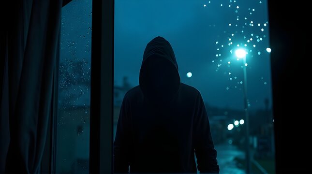 Intriguing hooded figure silhouetted against a rainy window at night, evoking mystery and suspense, perfect for crime novels or psychological thrillers, a dark and brooding atmosphere