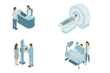 Hospital scenes collection showing patient care, medical examination, and surgical treatment