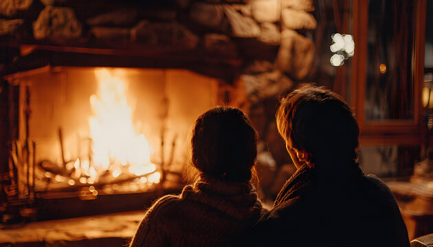 A romantic moment between two people in front of a warm fire, suitable for love story or cozy atmosphere images