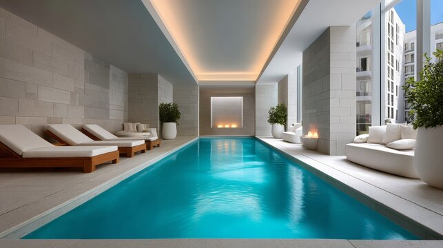 Luxurious indoor swimming pool area featuring elegant loungers, modern architecture, and large windows allowing natural light to illuminate the serene space, creating a tranquil atmosphere for relaxat