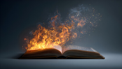 An open book with flames burning from the pages