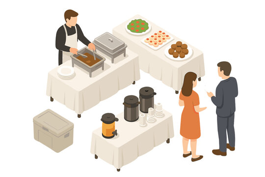 Professional catering service setup with server attending to guests at a buffet line