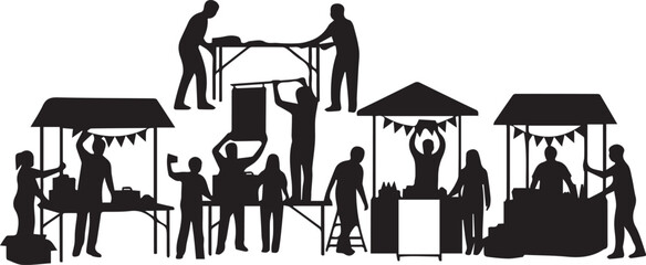 Diverse group of people volunteering at outdoor market stalls and community events