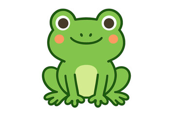 Cute smiling green frog character sitting facing forward on a plain white background