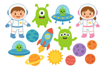 Cute cartoon space elements set with astronauts, friendly aliens, planets, and rocket ship