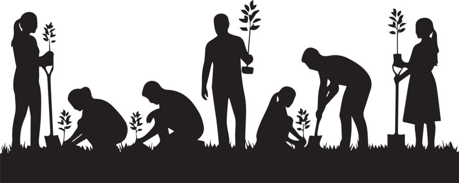 Diverse silhouettes planting trees celebrating international volunteer day global community effort