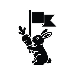 Rabbit holding carrot and flag icon achievement symbol goal concept isolated on white background