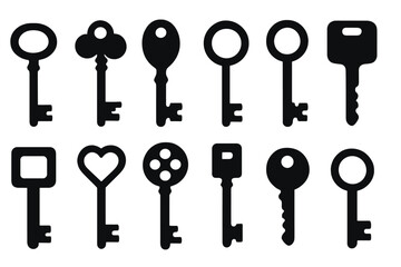 Collection of vintage and modern key silhouettes for security and access concepts