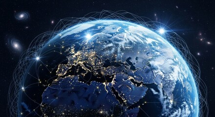 Obraz premium Global Network Connectivity Earth From Space - A globe shows networks with bright points symbolizing connectivity, communication, technology, innovation, and globalization on a global scale