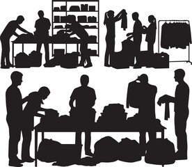 Volunteers sort clothing donations and pack bags for charity on international volunteer day