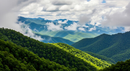 Naklejka premium Summer Mountain Landscape with Hills, Houses, and Scenic Valley