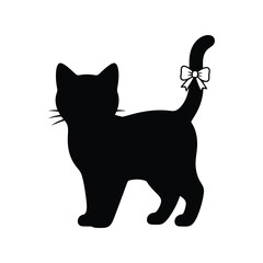 Black cat silhouette with bow on tail cute pet illustration isolated on white background