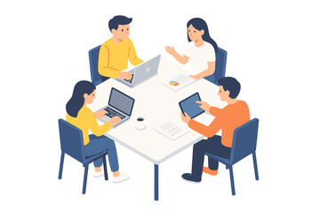 Diverse business team collaborating around a white table using digital devices in a modern setting