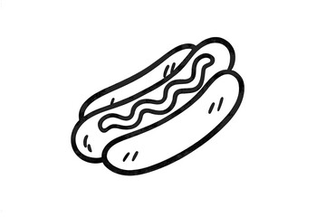 Classic hot dog served on a bun topped with sauce in a simple black and white design