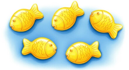 Golden Fish Candies on Blue Surface - Five golden fish-shaped candies on blue represent happiness, joy, sweet, childhood, and fun
