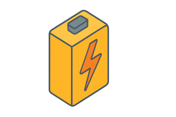 Isometric yellow battery cell icon featuring a lightning bolt symbol for electric power