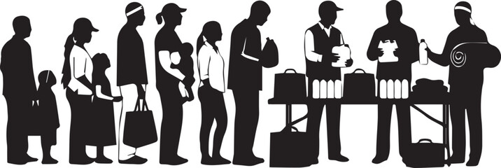 Diverse group of people forming a line for volunteer service and donation collection