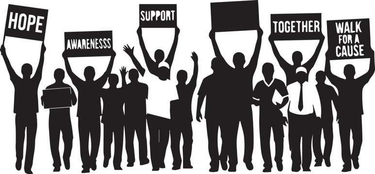 Diverse group holding signs protesting for hope support unity and causes on international volunteer day