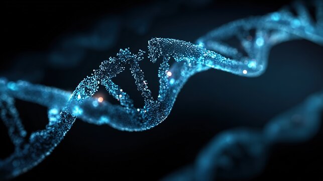 DNA double helix structure visualization, fluorescently labeled gene fragments, dark blue scientific background, high-precision molecular biology schematic --v 7.0 --style raw --ar 16:9