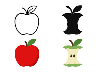 Collection of four different fruit icons showing whole, outline, silhouette, and bitten core