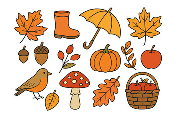 Hand drawn autumn elements set with maple leaves, pumpkin, acorns, and rain boots