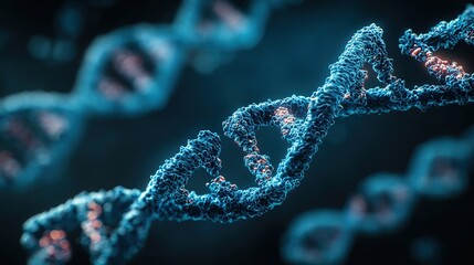 DNA double helix structure visualization, fluorescently labeled gene fragments, dark blue scientific background, high-precision molecular biology schematic --v 7.0 --style raw --ar 16:9