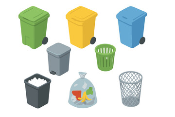Isometric set of various trash cans, recycling bins, and garbage bags for waste sorting and disposal